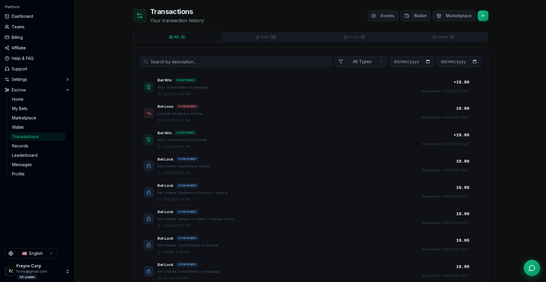 Transactions history