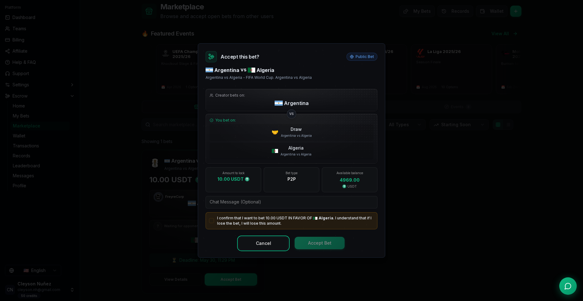 Accept bet modal